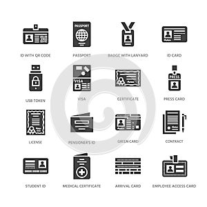 Documents, identity vector flat glyph icons. ID cards, passport, press access student pass, visa, migration certificate