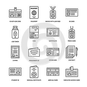 Documents identity vector flat line icons. ID cards, passport, press access, student pass, visa, migration certificate