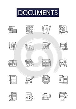 Documents line vector icons and signs. Forms, Records, Plans, Reports, Files, Protocols, Agreements, Diaries outline