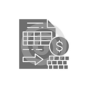 Documents with money, options, futures grey icon.