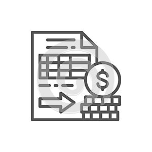 Documents with money, options, futures line icon.