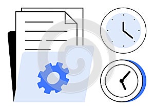 Document Folder with Gear Icon and Clocks Representing Time Management and Workflow Efficiency