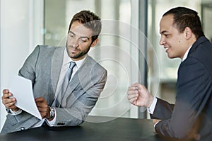 Documents, paperwork and business people in meeting, discussion or conversation with contract for work in corporate
