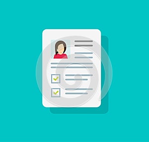 Documents with personal data vector icon, flat cartoon paper document with user profile data and photo symbol, concept