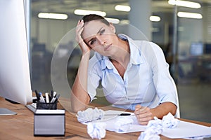 Documents, portrait and business woman annoyed with accounting mistake, audit fail or bad financial results. Finance