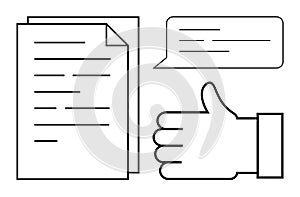 Approval and Feedback Concept with Documents, Speech Bubble, and Thumbs-Up Gesture