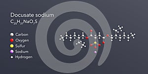 docusate sodium molecule 3d rendering, flat molecular structure with chemical formula and atoms color coding photo