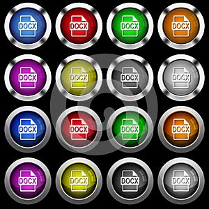 DOCX file format white icons in round glossy buttons on black background photo