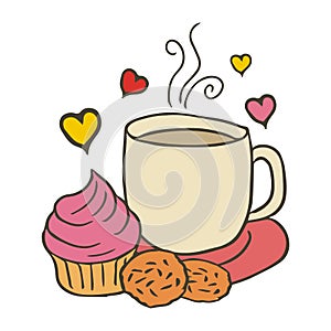 Doddle coffee with cake Vector Illustration.