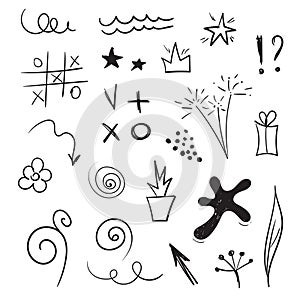 Doddle design elements. Vector set of hand drawn sketches. Blot, arrows, stars, spirals, tic tac toe, flowers, sparklers