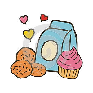 Doddle Milk with cake an muffin Vector Illustration.