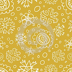 Doddle snowflakes on golden abstract seamless pattern