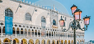 Dodge Palace and street lamp with pink glass in Venice, Italy