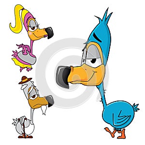 Dodo family, cartoon of a birds family with a tender and gentle young bird smiling to camera, great mascot or character for a book