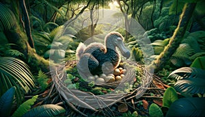 A dodo hatching eggs on the floor