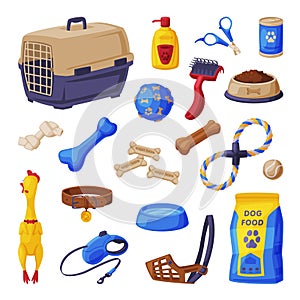 Dog Accessories Set, Pet Shop Products, Food, Scratching Post, Pet Cage, Comb, Toys, Treats Cartoon Style Vector photo