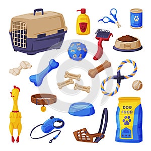 Dog Accessories Set, Pet Shop Products, Food, Scratching Post, Pet Cage, Comb, Toys, Treats Cartoon Style Vector