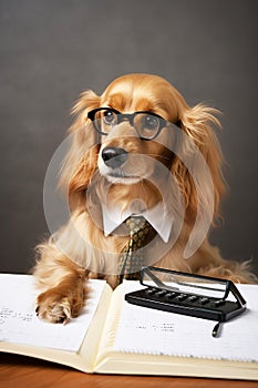 Dog accountant with glasses and documents