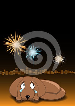 Dog is afraid of fireworks and crying. Dogs afraid din sounds. Night sky, fireworks and city lights on background. Vector image photo