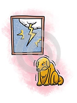 Dog Afraid of Thunder Lightning Cartoon Illustration