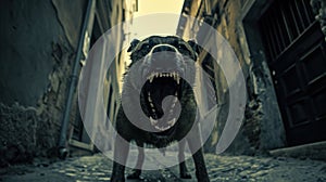 Dog aggression. Top Most Aggressive Dog Breeds. Aggressive dog snarling fiercely, sharp teeth and bristled fur, dark photo