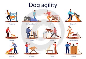 Dog agility set. Training exercise for pet. Woman and man training