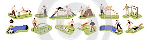 Dog agility training outdoors. Canine exercising, jumping hurdles, running through tunnel. Puppies, obstacle equipment photo