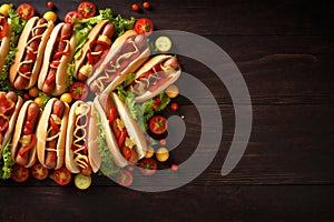 dog american sauce meat fast sausage hot bread red background food. Generative AI.