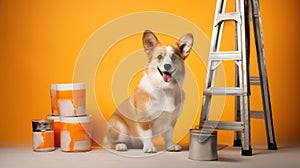 A dog, amidst a backdrop of bright wall paints and a ladder, adds a playful touch to the renovation scene.
