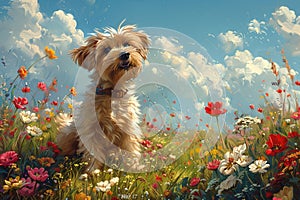 Dog amidst colorful flowers under a blue sky with clouds., Generated AI