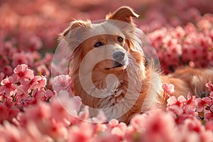 Dog amidst a field of pink flowers looking back., Generated AI