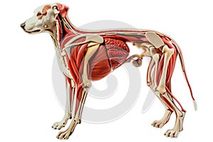 dog anatomy showing body and head, face with muscular system visible isolated on white background