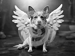 Dog with angel wings. Pet loss concept