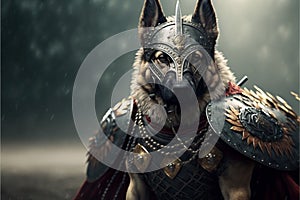 Dog animal portrait dressed as a warrior fighter or combatant soldier concept. Ai generated photo