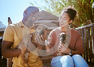 Dog, animal shelter and rescue with a black couple holding a puppy for adoption at a welfare kennel. Help, canine and