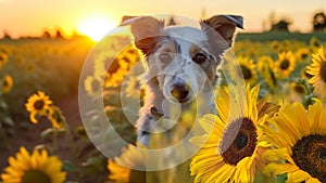 dog animals on wild field at sunset ,dog and cows on summer floral field,