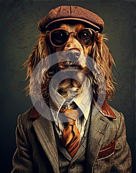 dog anthropomorphism in clothes. Concept graphic in vintage style photo