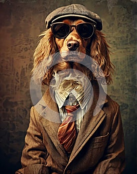 dog anthropomorphism in clothes. Concept graphic in vintage style photo