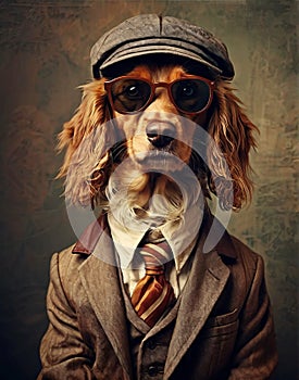 dog anthropomorphism in clothes. Concept graphic in vintage style photo