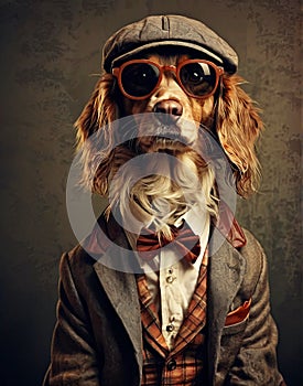 dog anthropomorphism in clothes. Concept graphic in vintage style photo