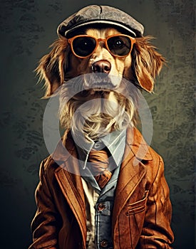 dog anthropomorphism in clothes. Concept graphic in vintage style photo