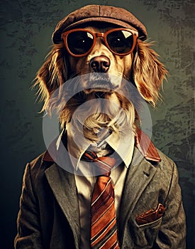 dog anthropomorphism in clothes. Concept graphic in vintage style photo