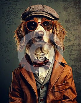 dog anthropomorphism in clothes. Concept graphic in vintage style photo