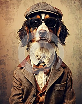 dog anthropomorphism in clothes. Concept graphic in vintage style photo