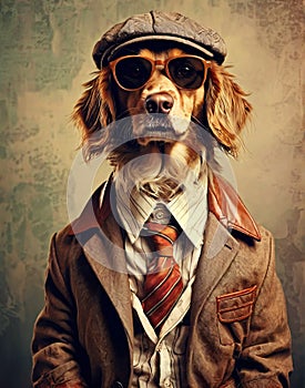 dog anthropomorphism in clothes. Concept graphic in vintage style photo