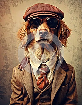 dog anthropomorphism in clothes. Concept graphic in vintage style photo