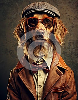 dog anthropomorphism in clothes. Concept graphic in vintage style photo