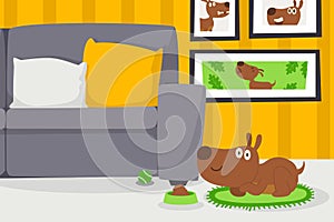 Dog in apartment, vector illustration. Living room interior, cute puppy cartoon character, happy domestic animal. Home