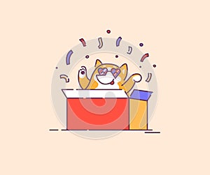 Dog appears from a box. Flat vector illustration