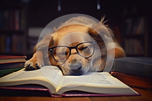 Dog asleep reading. Generate Ai